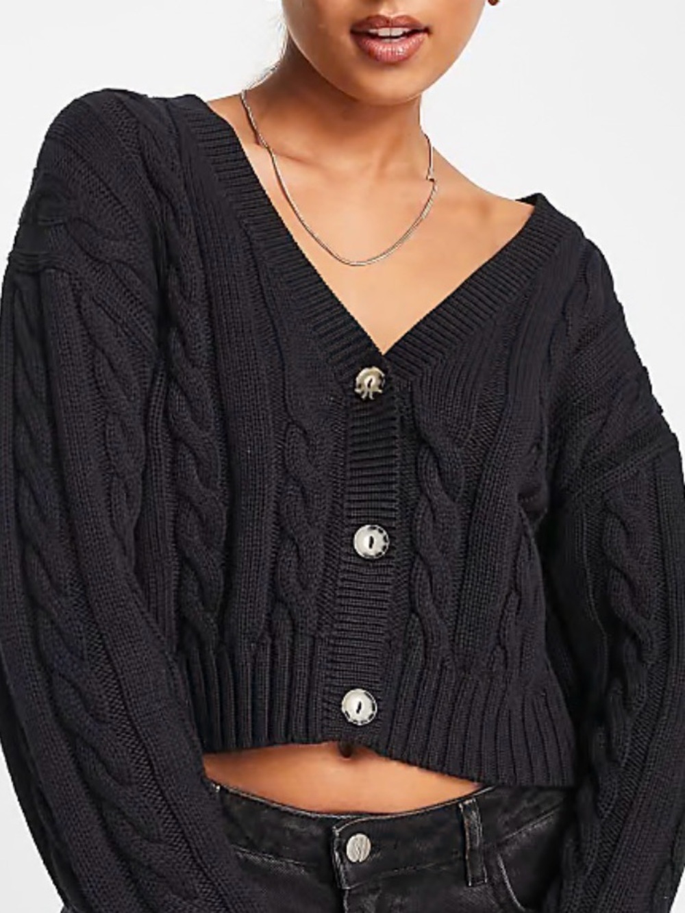 Monki Black Cropped Cable-Knit V-Neck Cardigan